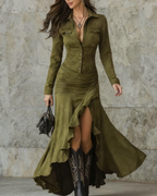 SERAFINA™ | VESTIDO LARGO CON SOLAPA Y VOLANTES