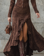 SERAFINA™ | VESTIDO LARGO CON SOLAPA Y VOLANTES