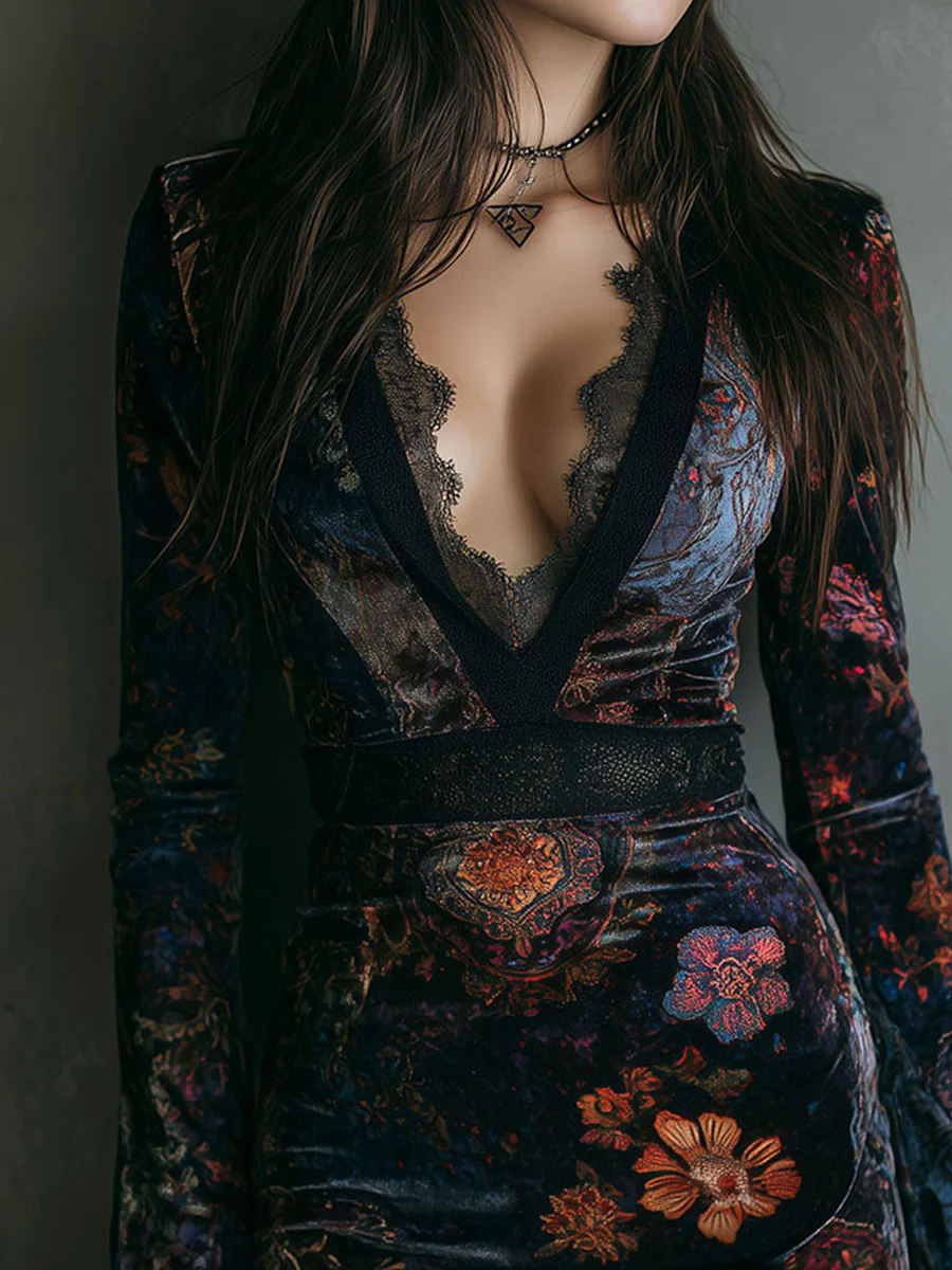 KEYLA™ | VESTIDO CORTO TERCIOPELO CON ESTAMPADO FLORAL