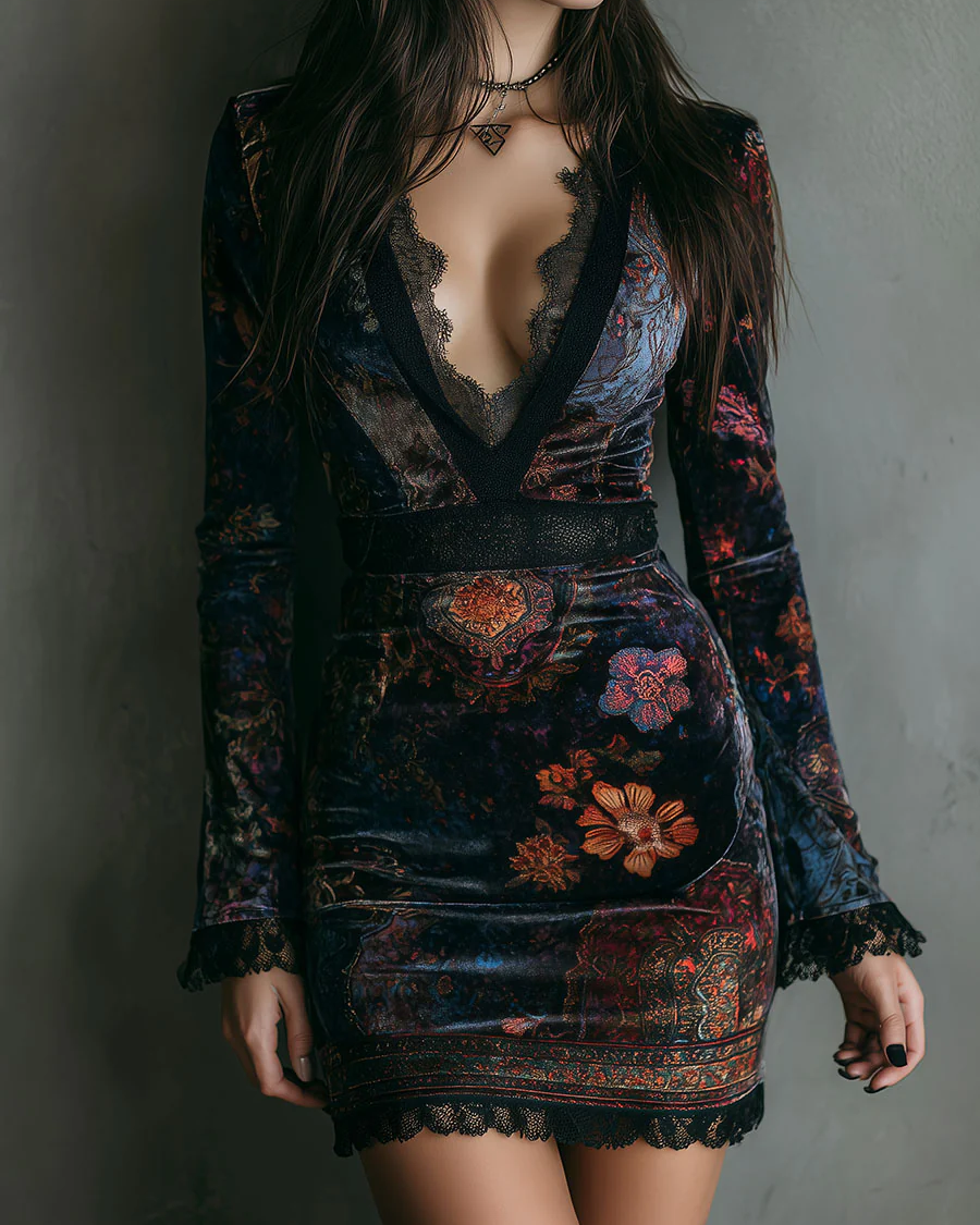 KEYLA™ | VESTIDO CORTO TERCIOPELO CON ESTAMPADO FLORAL